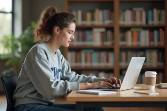 Étudiante de l'UGA connectée à l'intranet LEO sur un ordinateur portable dans la bibliothèque universitaire de Grenoble