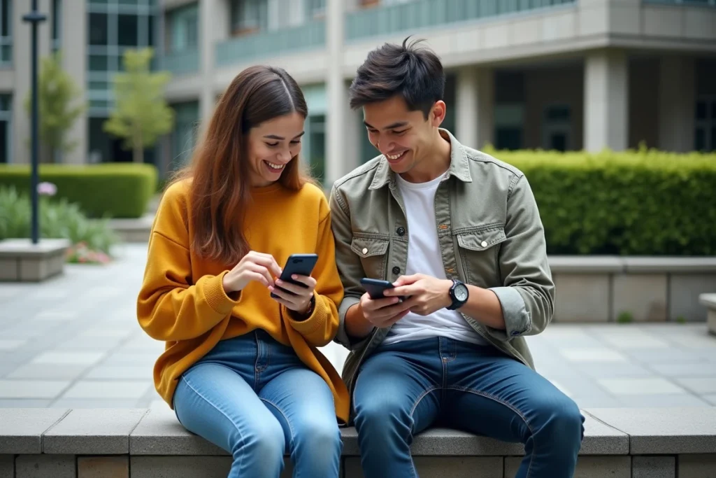 Deux étudiants de l'université Grenoble Alpes consultant l'intranet LEO et leur adresse mail UGA sur smartphone en extérieur sur le campus