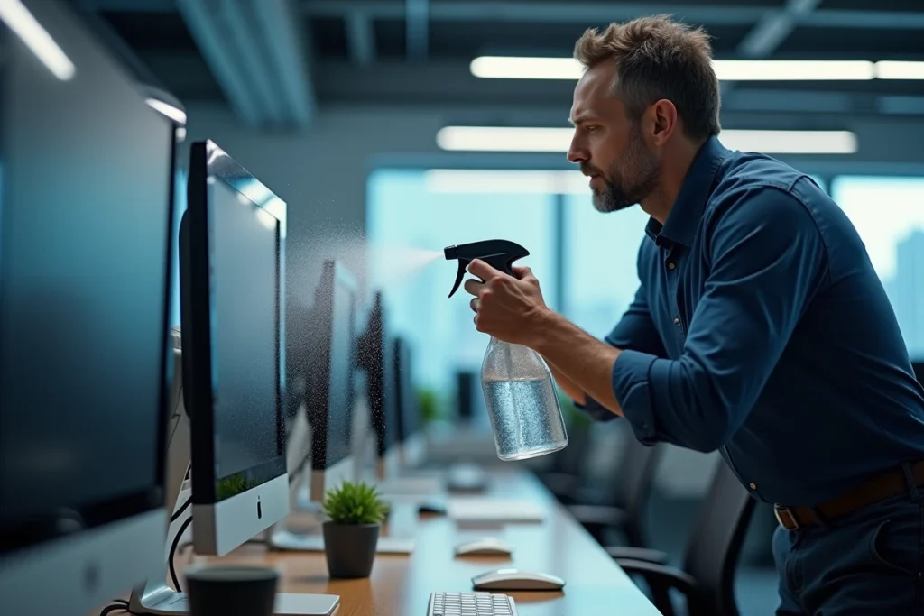 Homme vaporisant un produit nettoyant directement sur un écran d'ordinateur de bureau, erreur courante qui endommage la dalle