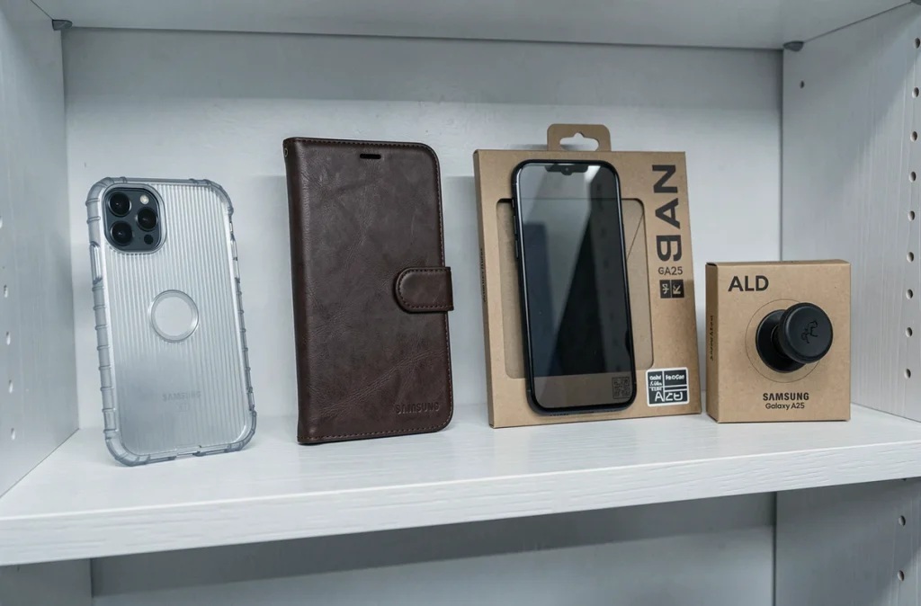 Sélection d'accessoires de protection pour Samsung Galaxy A25 : coques, verre trempé et grip sur une étagère blanche