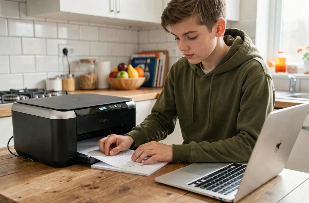 Adolescent utilisant une imprimante scanner multifonction dans une cuisine pour numériser un document scolaire