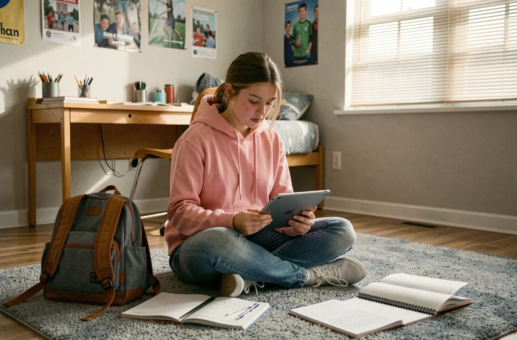 Adolescente se connectant à la plateforme scolaire Oze 92 sur une tablette dans sa chambre