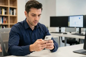 Analyste tech évaluant le nouvel iPhone SE dans un bureau professionnel moderne