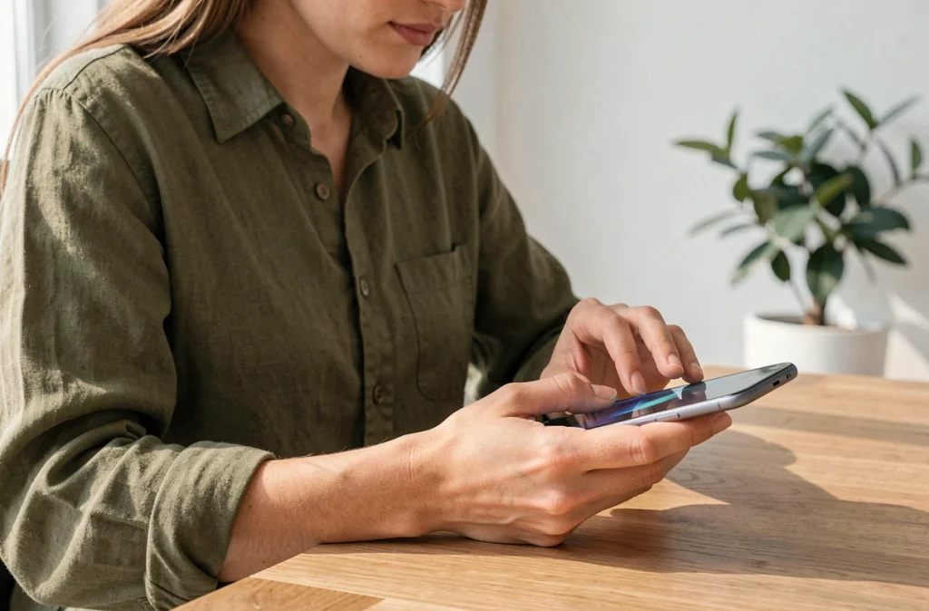 Femme appliquant un verre trempé sur un Samsung Galaxy A25 à son bureau à domicile