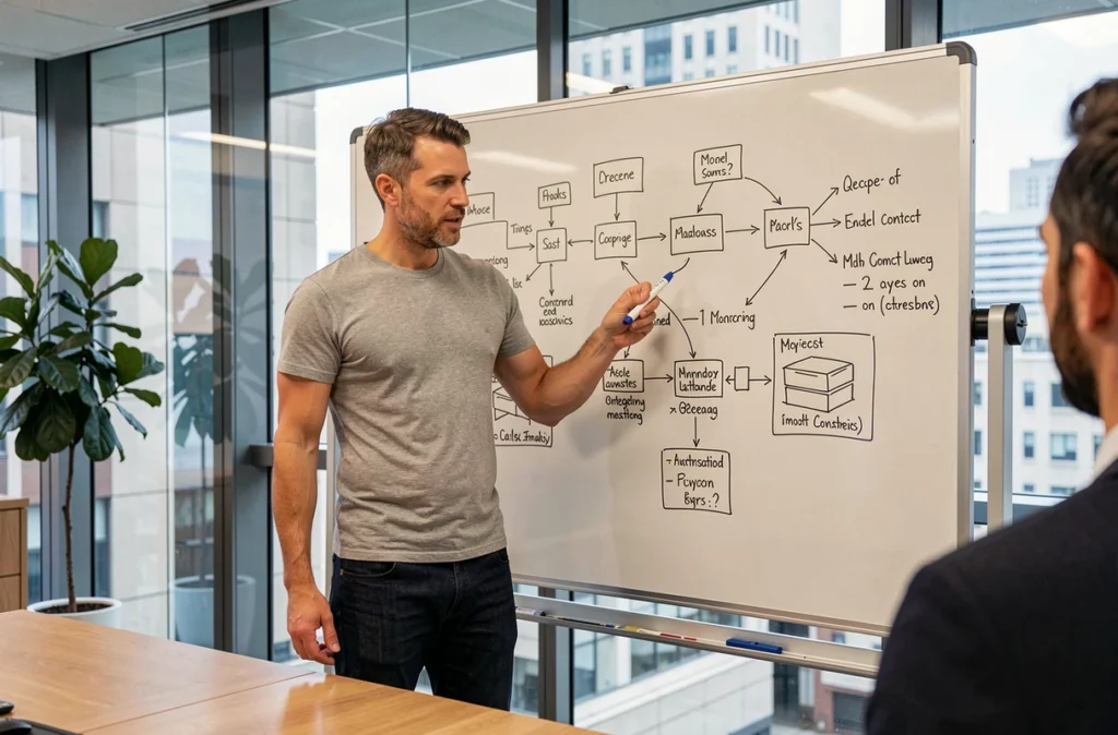 Architecte logiciel expliquant un modèle de sécurité Secmodel sur un tableau blanc dans une salle de réunion vitrée