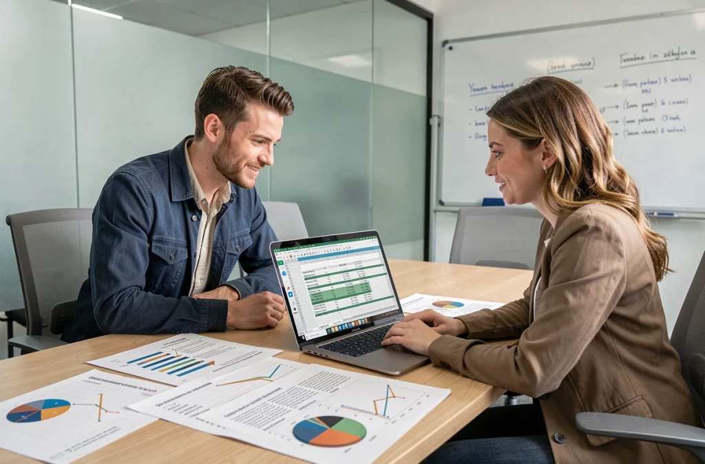 Deux collègues collaborant sur un tableau Excel inversé en salle de réunion avec des rapports imprimés