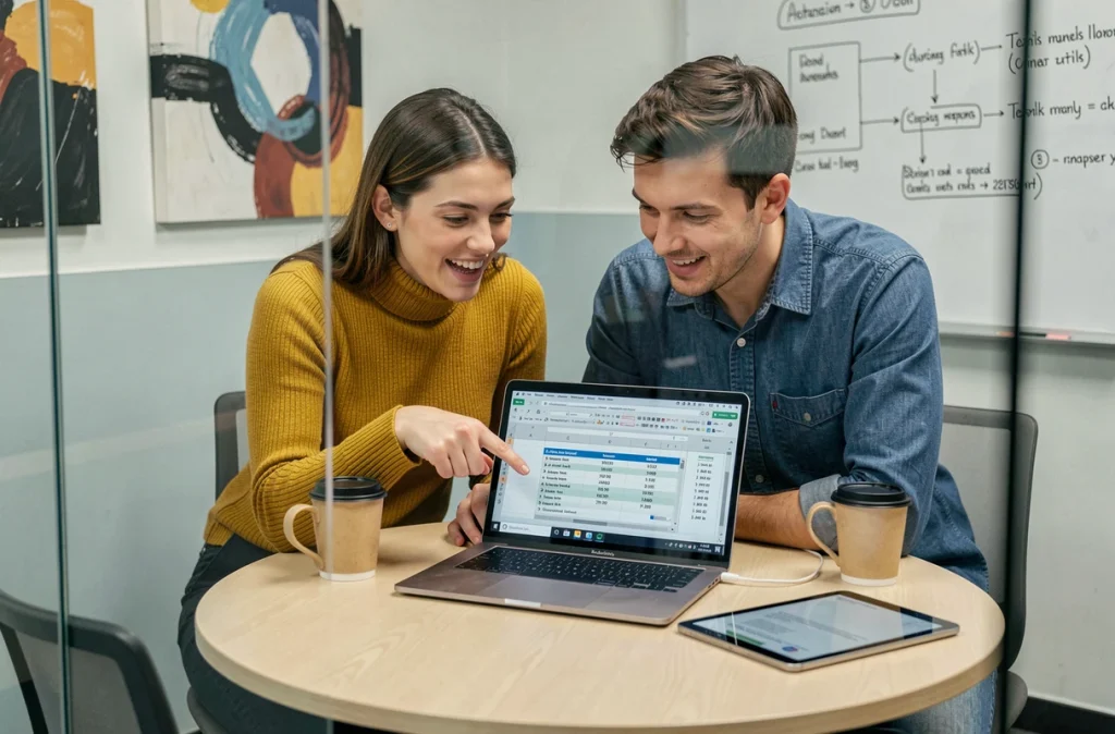 Deux collègues collaborant autour d'un laptop pour corriger la transposition de lignes en colonnes dans Excel