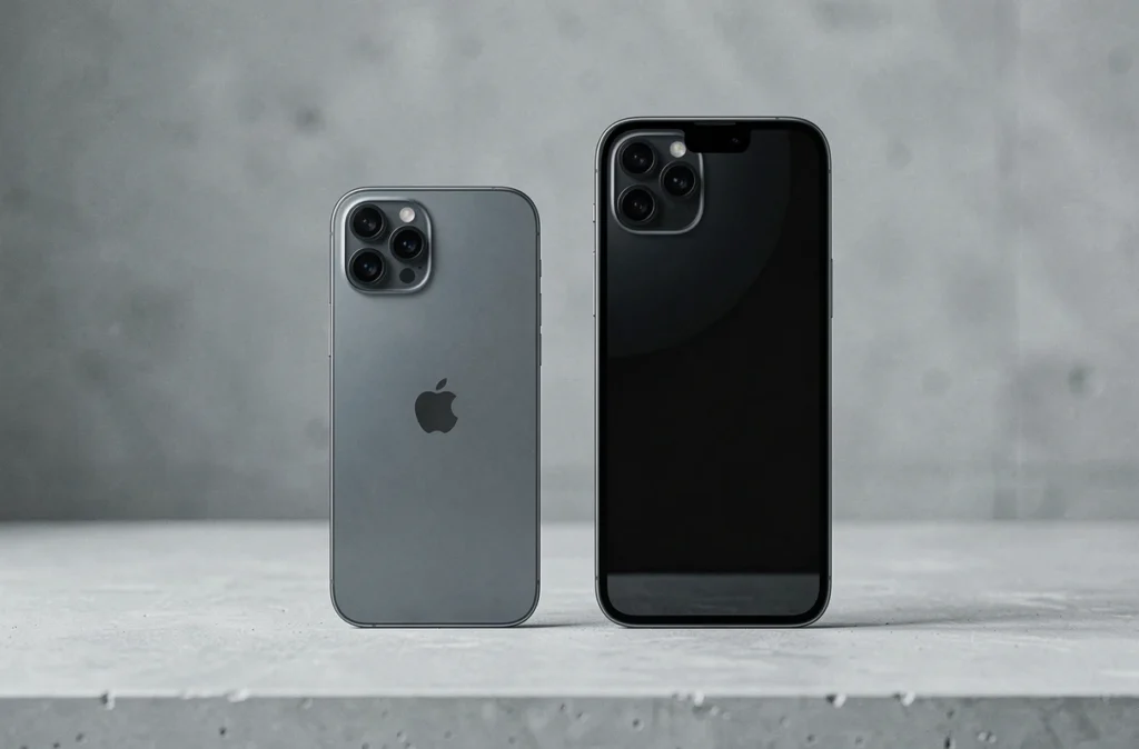 Comparaison de la taille de l'iPhone 12 face à un smartphone plus grand posés côte à côte sur béton
