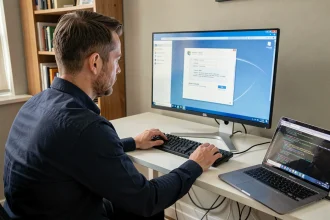 Technicien informatique configurant une machine virtuelle Windows 7 64 bits sur un double écran dans un bureau moderne