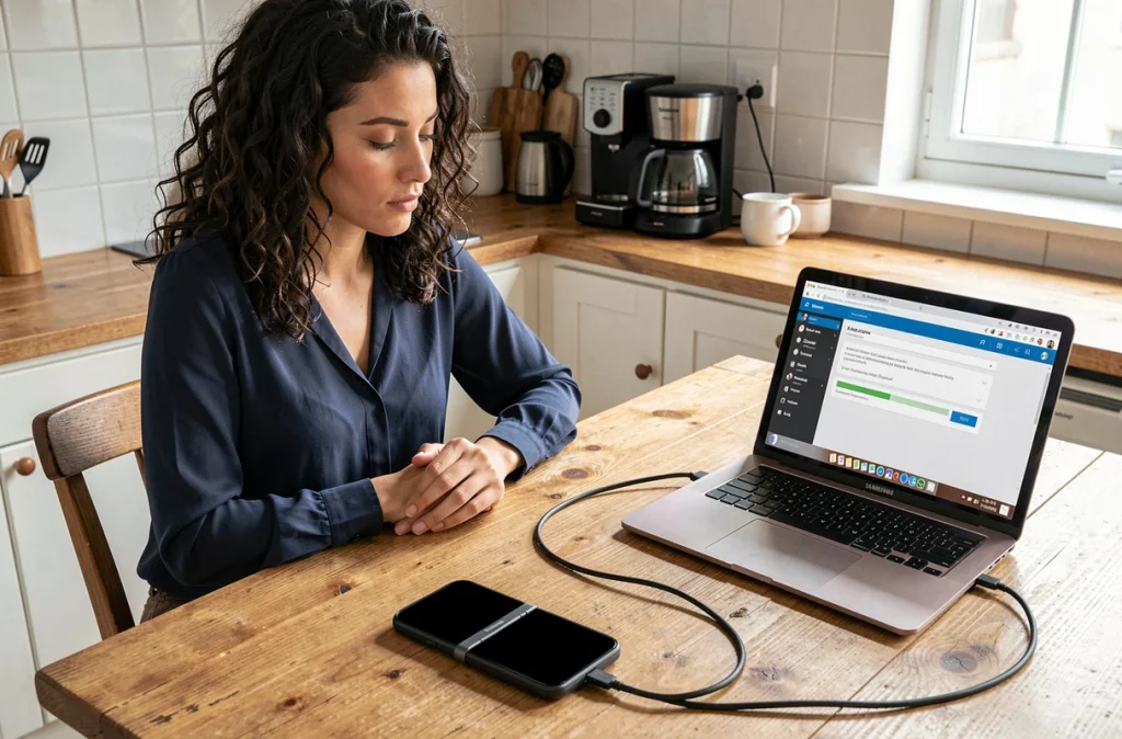 Femme connectant un Samsung Galaxy Z Flip 4 écran noir à un ordinateur portable via câble USB-C pour tenter une récupération de données