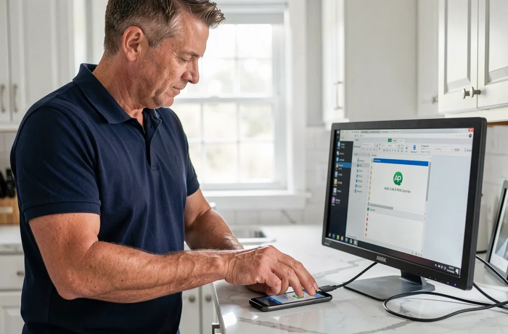 Homme connectant son smartphone Android à un ordinateur via un câble USB pour installer un fichier APK