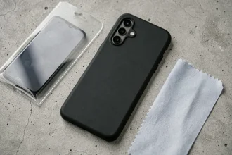 Coque de protection noire et verre trempé pour Samsung Galaxy A25 posés sur une surface en béton gris
