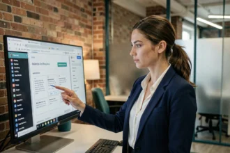 Professionnelle d'une agence web analysant la conception d'un site internet sur un grand écran dans un bureau moderne