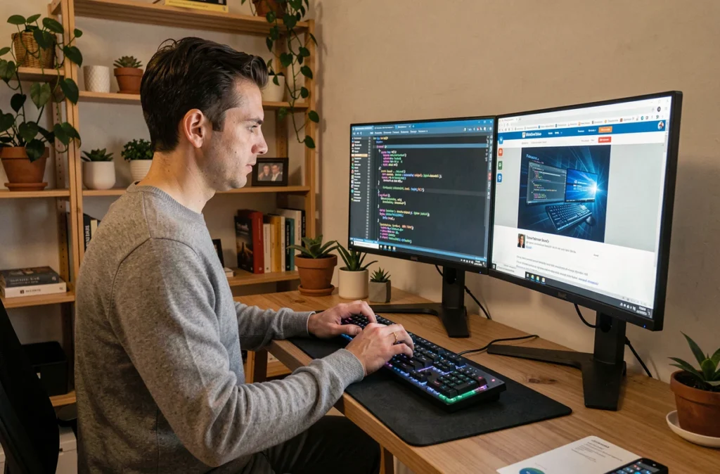 Développeur web travaillant sur le code d'un site internet depuis un bureau à domicile avec double écran