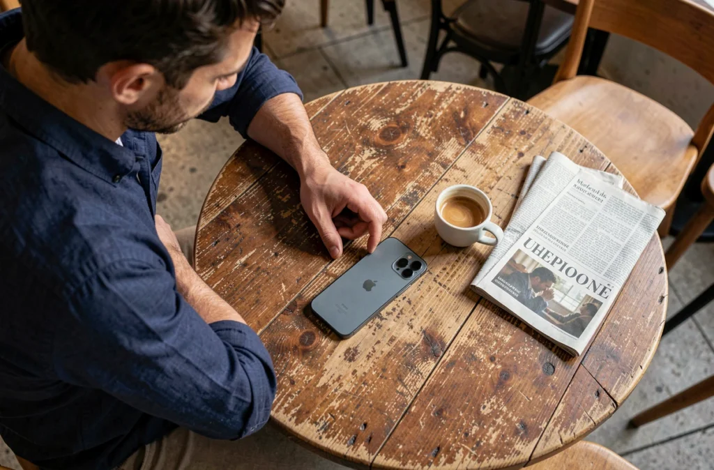 iPhone 12 posé à plat sur une table de café à côté d'un expresso pour comparer ses dimensions