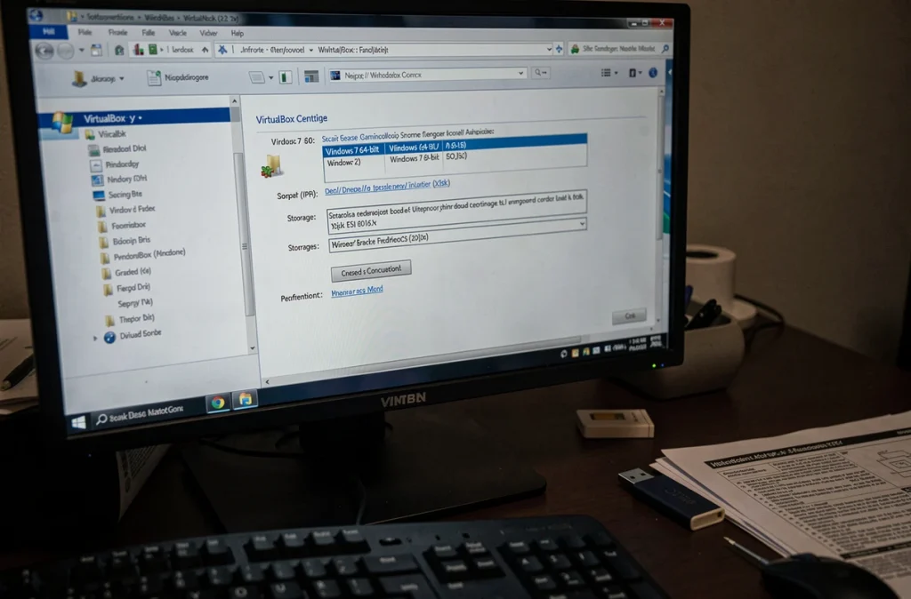 Écran d'ordinateur affichant les paramètres de configuration d'une image ISO Windows 7 64 bits dans un logiciel de virtualisation