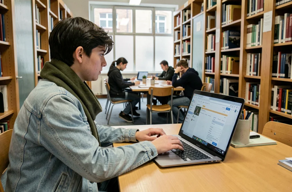 Étudiant accédant à sa messagerie MEL Ouvert sur un ordinateur portable dans une bibliothèque publique de Rennes