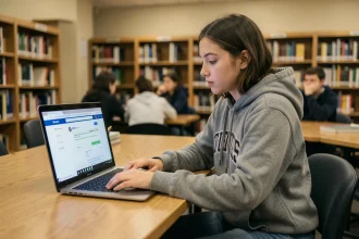 Étudiante consultant sa messagerie Zimbra sur un ordinateur portable dans une bibliothèque universitaire