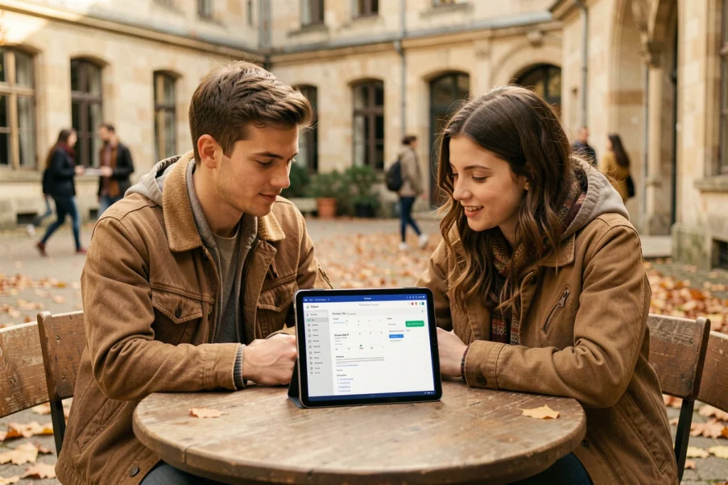 Deux étudiants consultant le calendrier et les emails Zimbra sur tablette en extérieur sur le campus de Caen