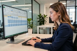 Femme professionnelle analysant un tableau Excel inversé sur un grand écran dans un bureau moderne