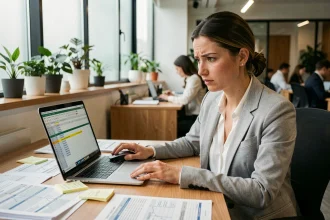 Femme au bureau analysant un tableau Excel avec des lignes et colonnes surlignées sur un ordinateur portable