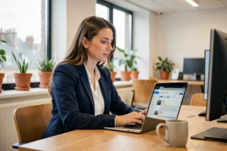 Femme professionnelle consultant sa messagerie MEL Ouvert sur un ordinateur portable dans un bureau moderne à Rennes
