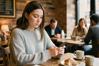 Jeune femme consultant discrètement des stories Instagram sur son smartphone dans un café