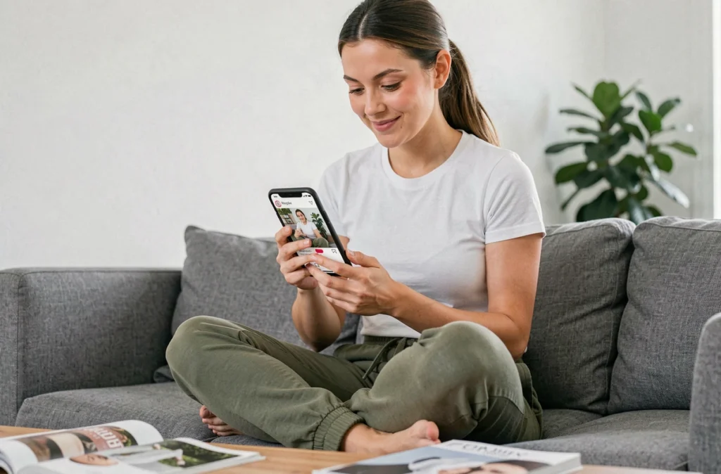 Femme consultant un GIF en boucle sur Instagram depuis son smartphone dans un salon contemporain