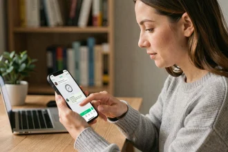 Femme utilisant WhatsApp sur son smartphone pour programmer un message depuis son bureau à domicile