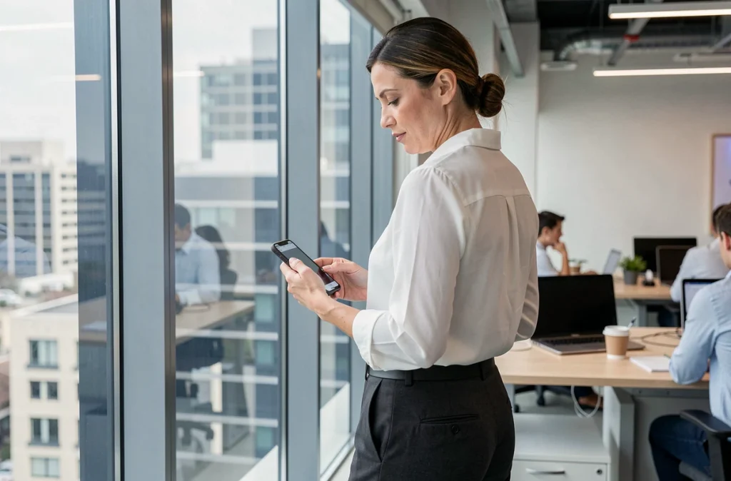 Femme consultant discrètement des stories Instagram sur son téléphone dans un bureau moderne