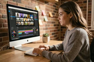 Graphiste travaillant sur un GIF animé dans un logiciel d'édition professionnelle sur iMac dans un studio moderne