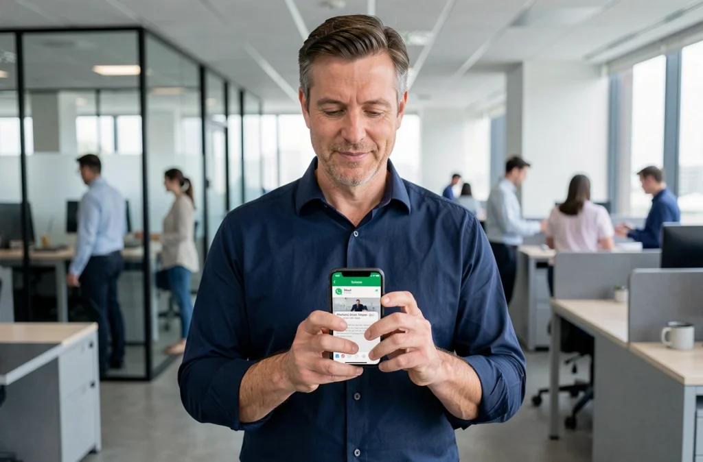 Homme d'affaires programmant un message WhatsApp sur smartphone dans un bureau open space moderne
