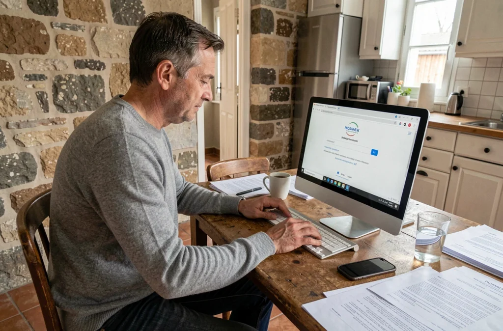 Homme consultant ses emails sur MEL Ouvert depuis son domicile à Rennes sur un ordinateur de bureau