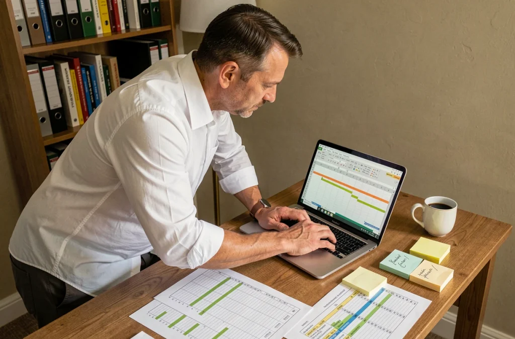 Homme travaillant sur des rapports Excel imprimés et un ordinateur portable dans un bureau à domicile