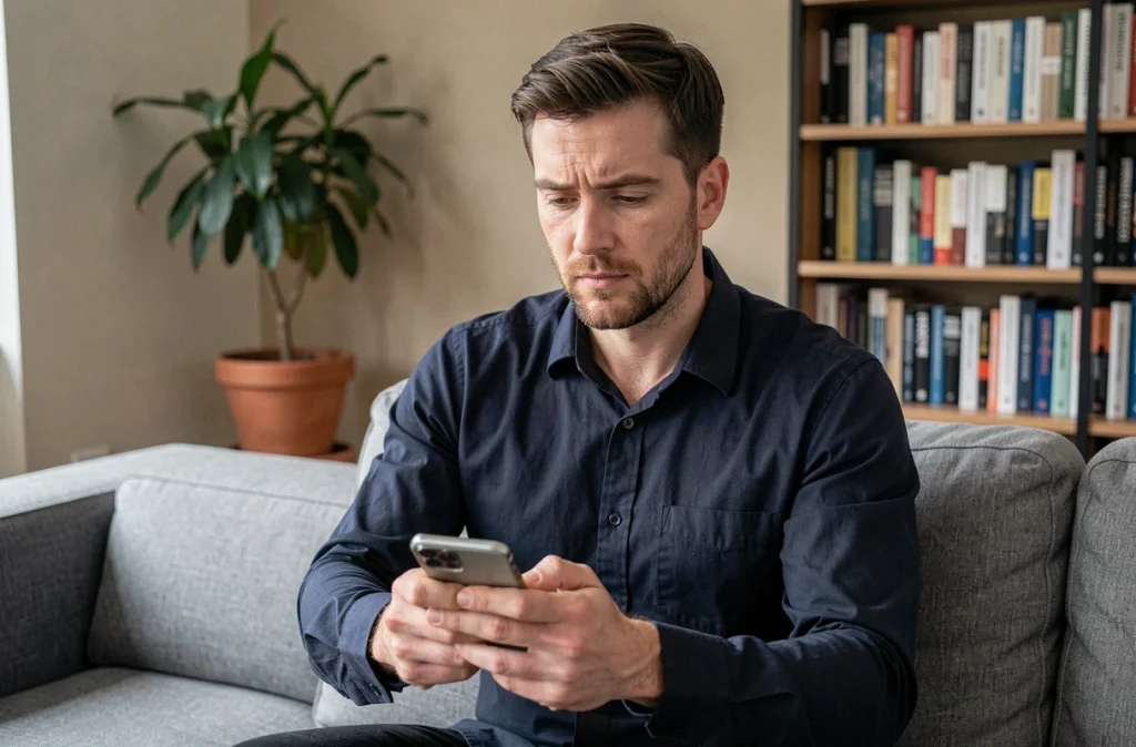 Homme regardant des stories Instagram sans être vu depuis son canapé à domicile