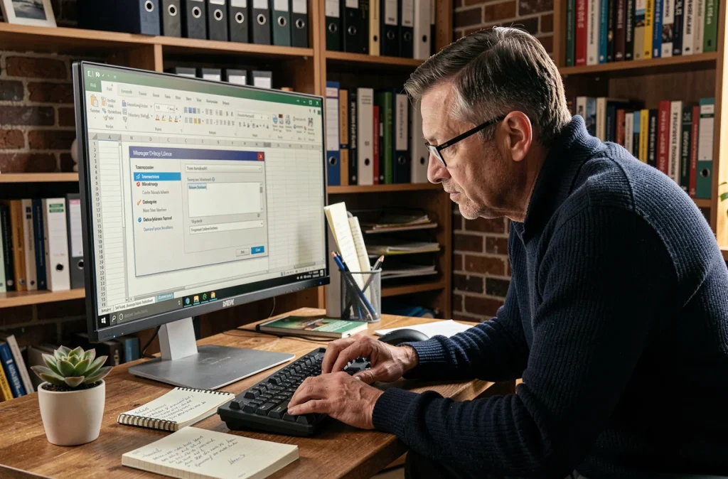 Homme en télétravail transposant des données dans Excel avec boîtes de dialogue ouvertes sur grand écran