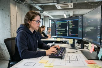 Ingénieure logicielle concentrée écrivant du code de politique de sécurité Secmodel sur deux écrans ultralarges dans un bureau moderne