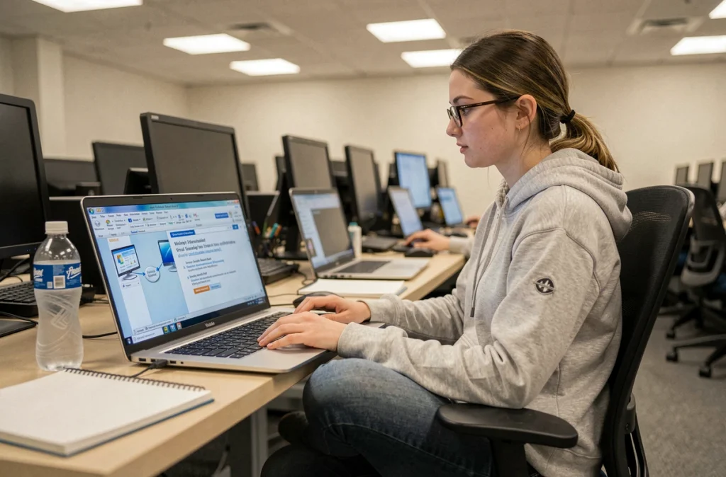 Jeune femme installant Windows 7 64 bits sur une machine virtuelle dans une salle informatique universitaire