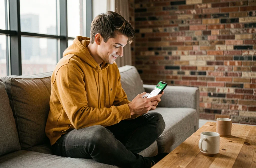 Jeune adulte en hoodie programmant un message WhatsApp depuis son canapé dans un appartement urbain moderne