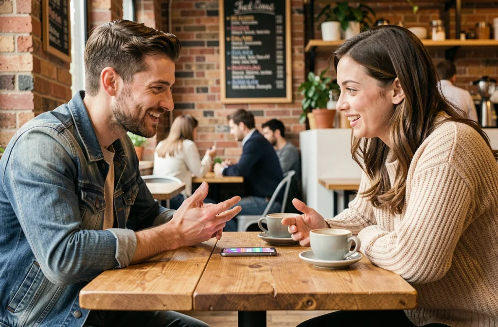 Deux journalistes tech discutant de l'iPhone SE autour d'un café dans un contexte éditorial informel