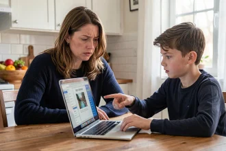Mère et fils consultant la plateforme numérique scolaire Oze 92 sur un ordinateur portable dans une cuisine familiale