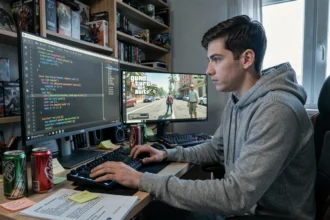 Jeune moddeur assis à son bureau face à un code de mod GTA V affiché sur un écran d'ordinateur