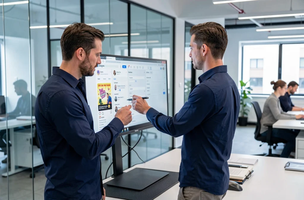 Professionnel du digital analysant les réglages d'export GIF pour Instagram sur un grand écran en agence créative