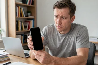 Homme tenant un Samsung Galaxy Z Flip 4 avec écran noir non réactif, assis à un bureau à domicile, cherchant à récupérer ses données
