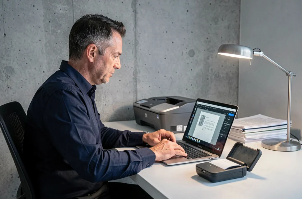 Homme configurant les paramètres d'un scanner portable sur un ordinateur portable à son bureau
