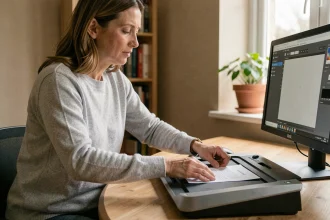 Femme plaçant un document sur un scanner à plat connecté à un ordinateur de bureau à domicile