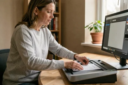 Femme plaçant un document sur un scanner à plat connecté à un ordinateur de bureau à domicile