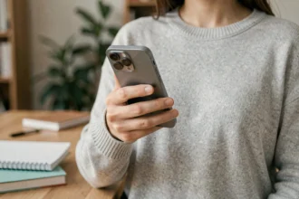 Femme tenant un iPhone 12 dans la main pour illustrer sa taille compacte et son écran grand format