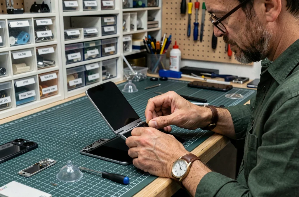 Technicien examinant un Samsung Galaxy Z Flip 4 ouvert avec écran noir sur un établi de réparation électronique pour récupération de données