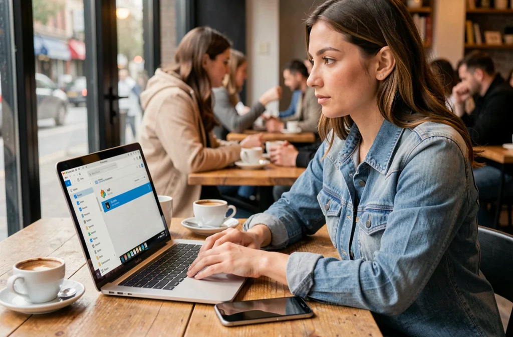 Femme transférant un fichier APK depuis un ordinateur portable vers un smartphone Android dans un café